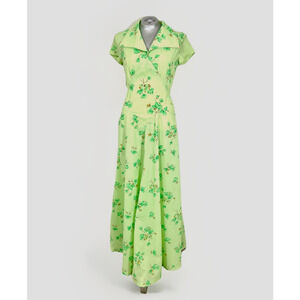 Vintage 70's M Handsewn Green Floral Short Sleeve Maxi Mod Boho Prom Dress